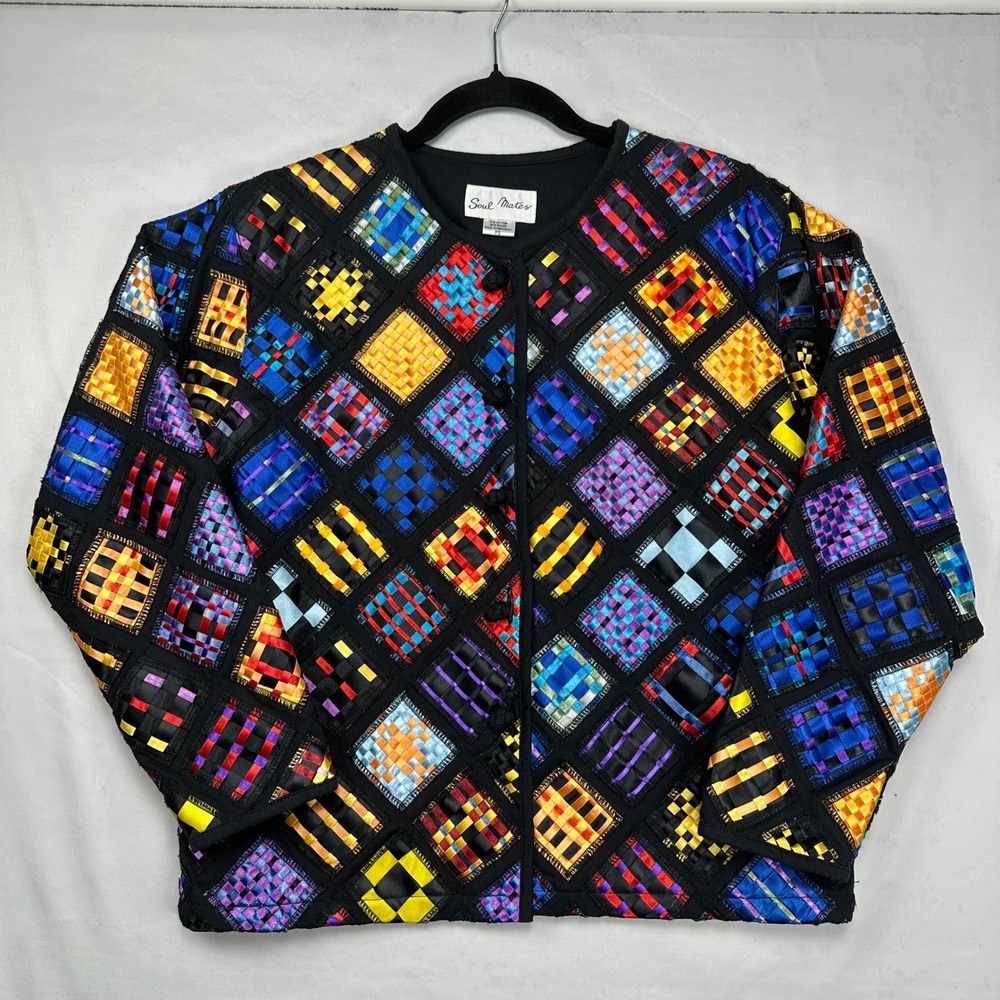 Soul Mates Womens XS Multicolor Ribbon Weave Patchwork Art to Wear Jacket‎ Black